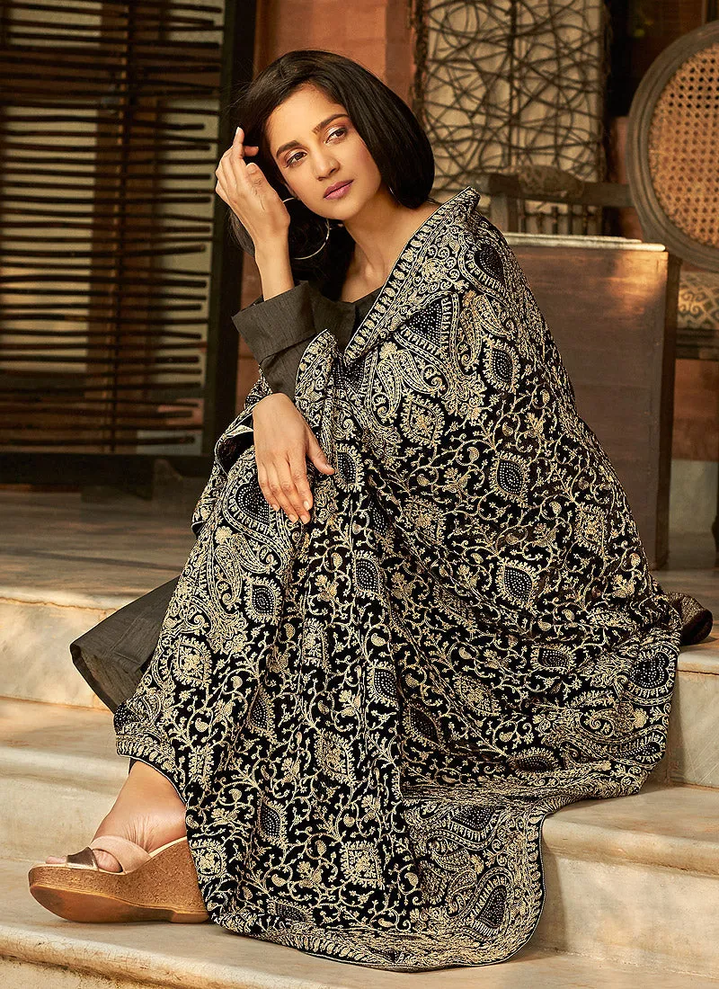 Black Silk Salwar Kameez With Embellished Shawl