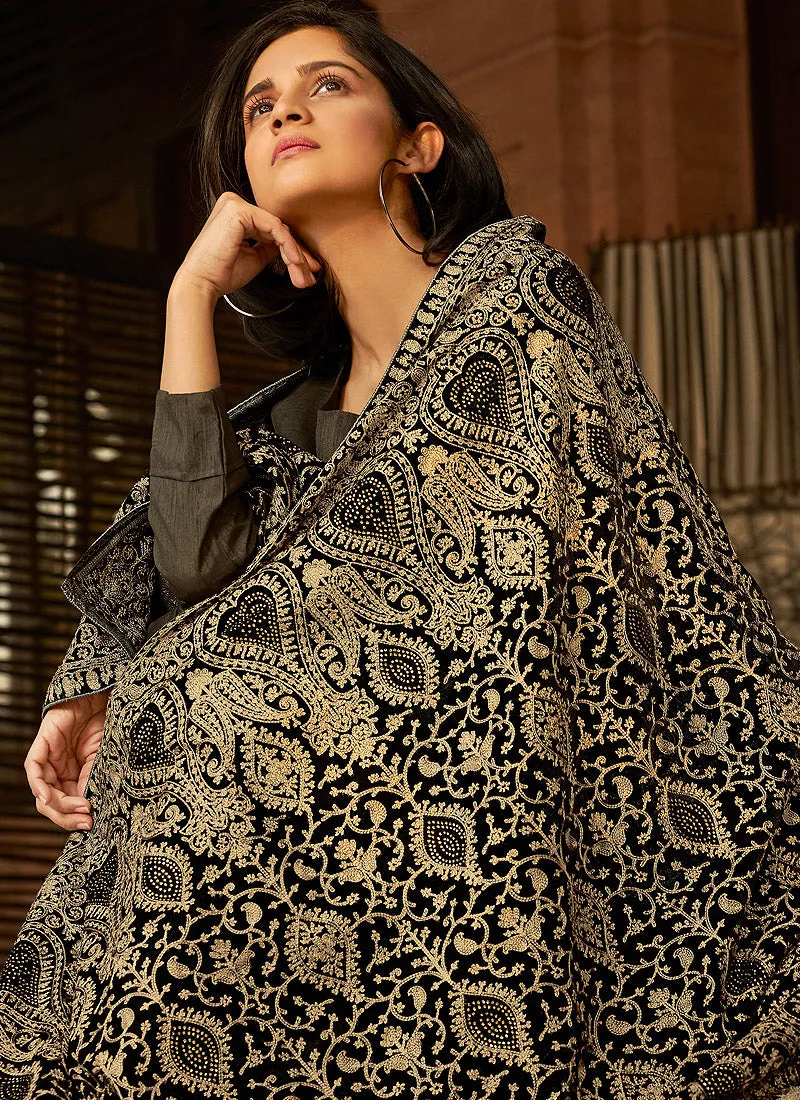 Black Silk Salwar Kameez With Embellished Shawl