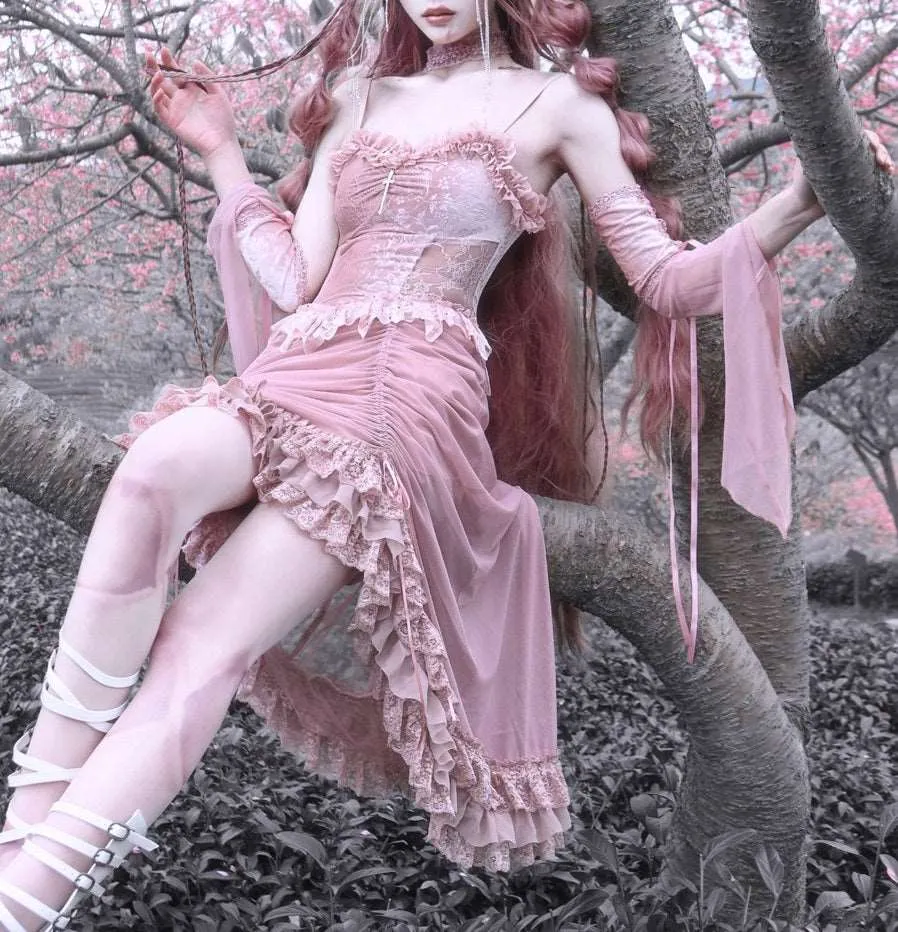 Blood Supply Guardian of Sakura Tress Gothic Lace Velvet Pink Suspender Dress