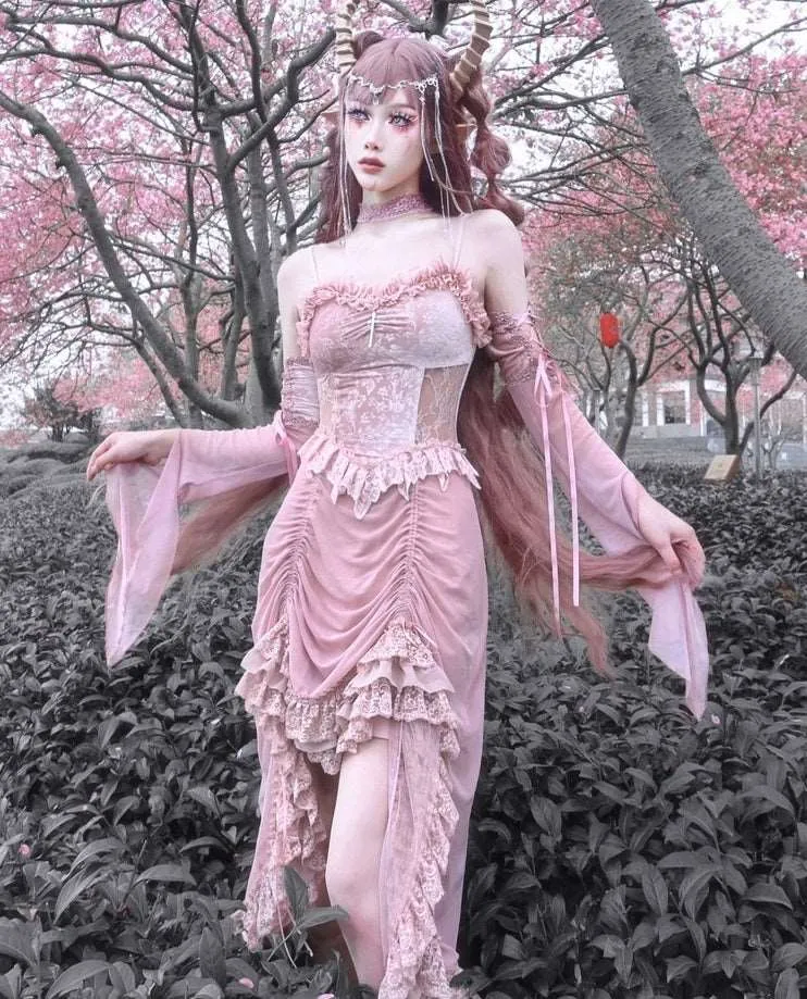 Blood Supply Guardian of Sakura Tress Gothic Lace Velvet Pink Suspender Dress