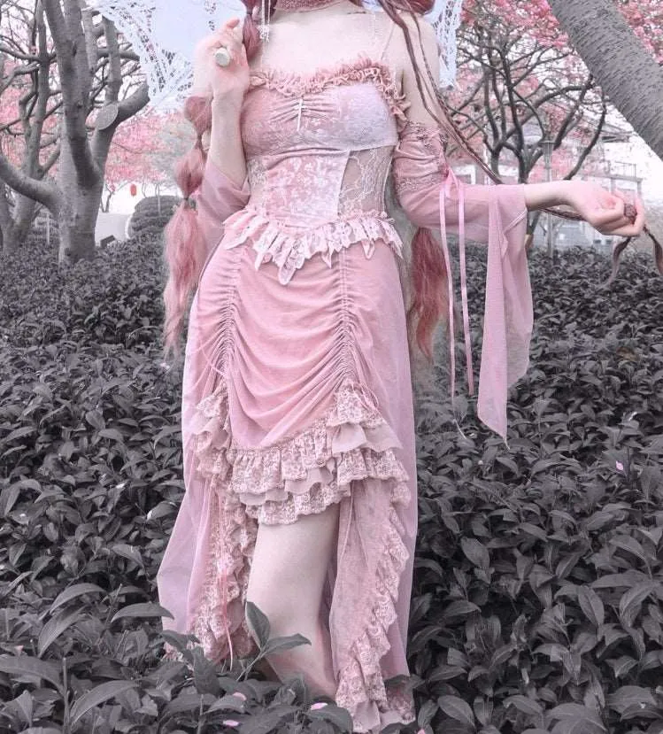 Blood Supply Guardian of Sakura Tress Gothic Lace Velvet Pink Suspender Dress