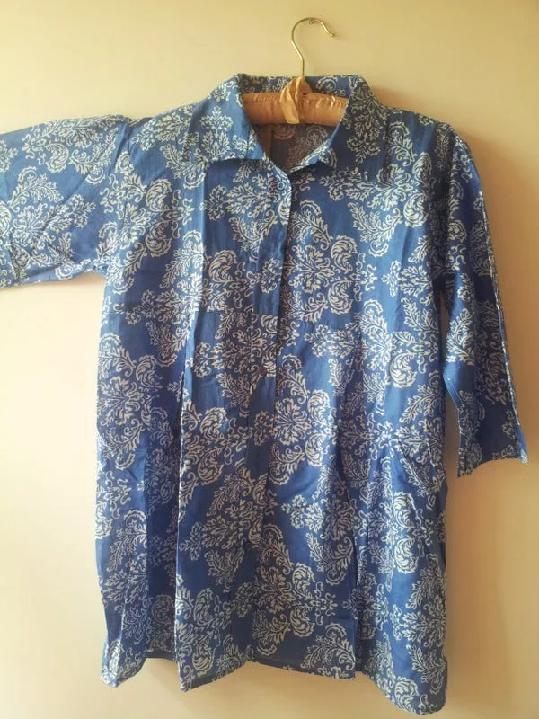 Blue Damask Front Buttoned Maternity Shirt