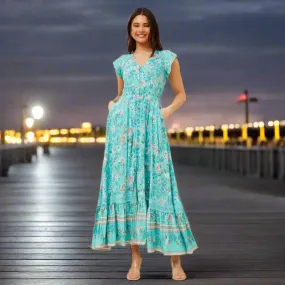 Boho Maxi Dress With Button Front - Blue