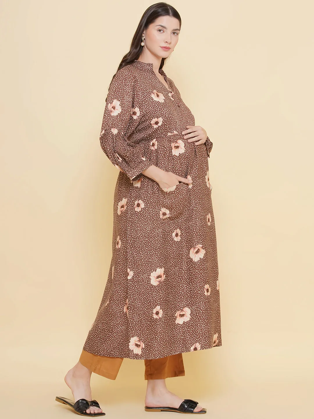 Brown Floral Print Shirt Collar Maternity & Nursing Kurta Set