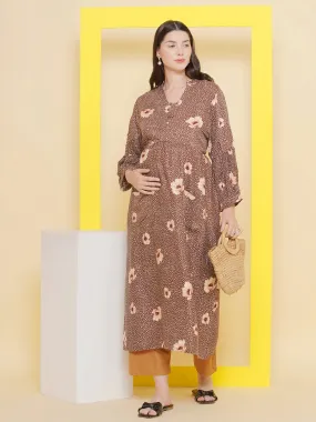 Brown Floral Print Shirt Collar Maternity & Nursing Kurta Set