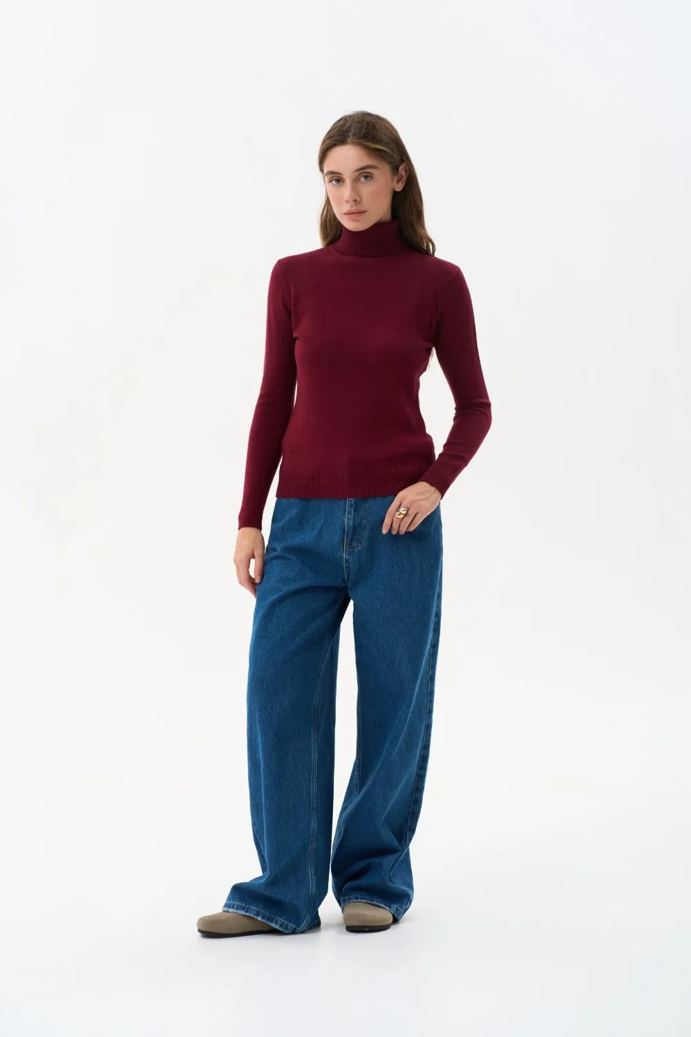 Burgundy Basic Knit Turtleneck Sweater