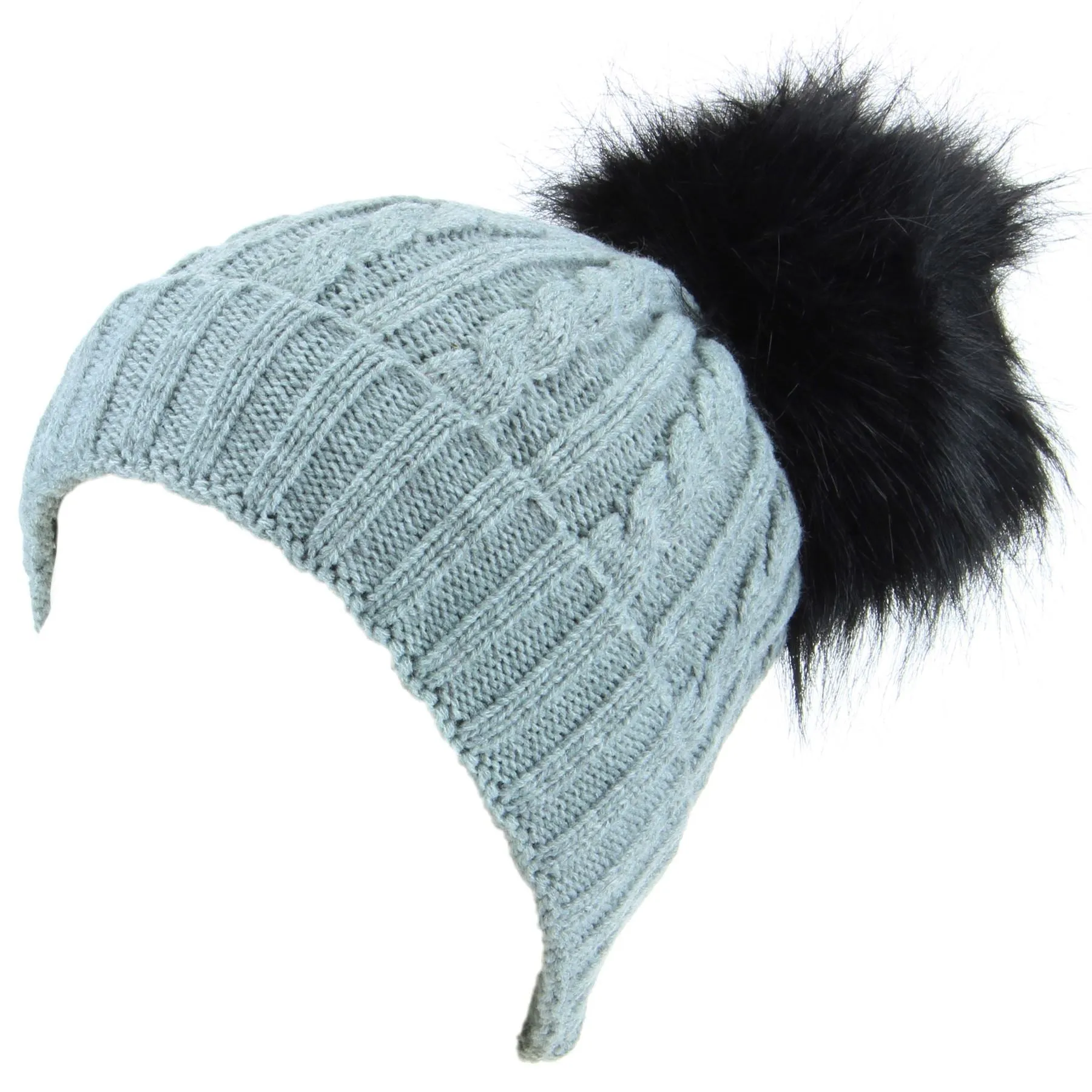 Cable Knit Beanie Hat with Faux Fur Bobble - Light Grey