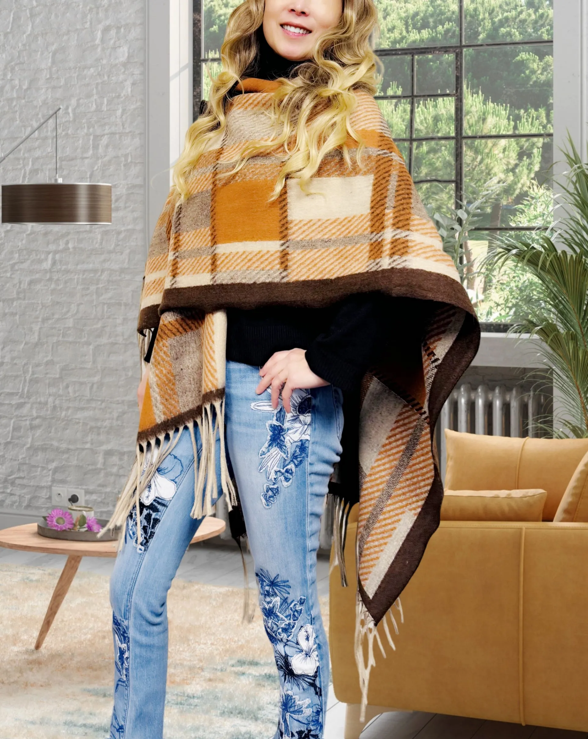 Camel-Brown Thick Blanket-Style Plaid Open-Front Poncho