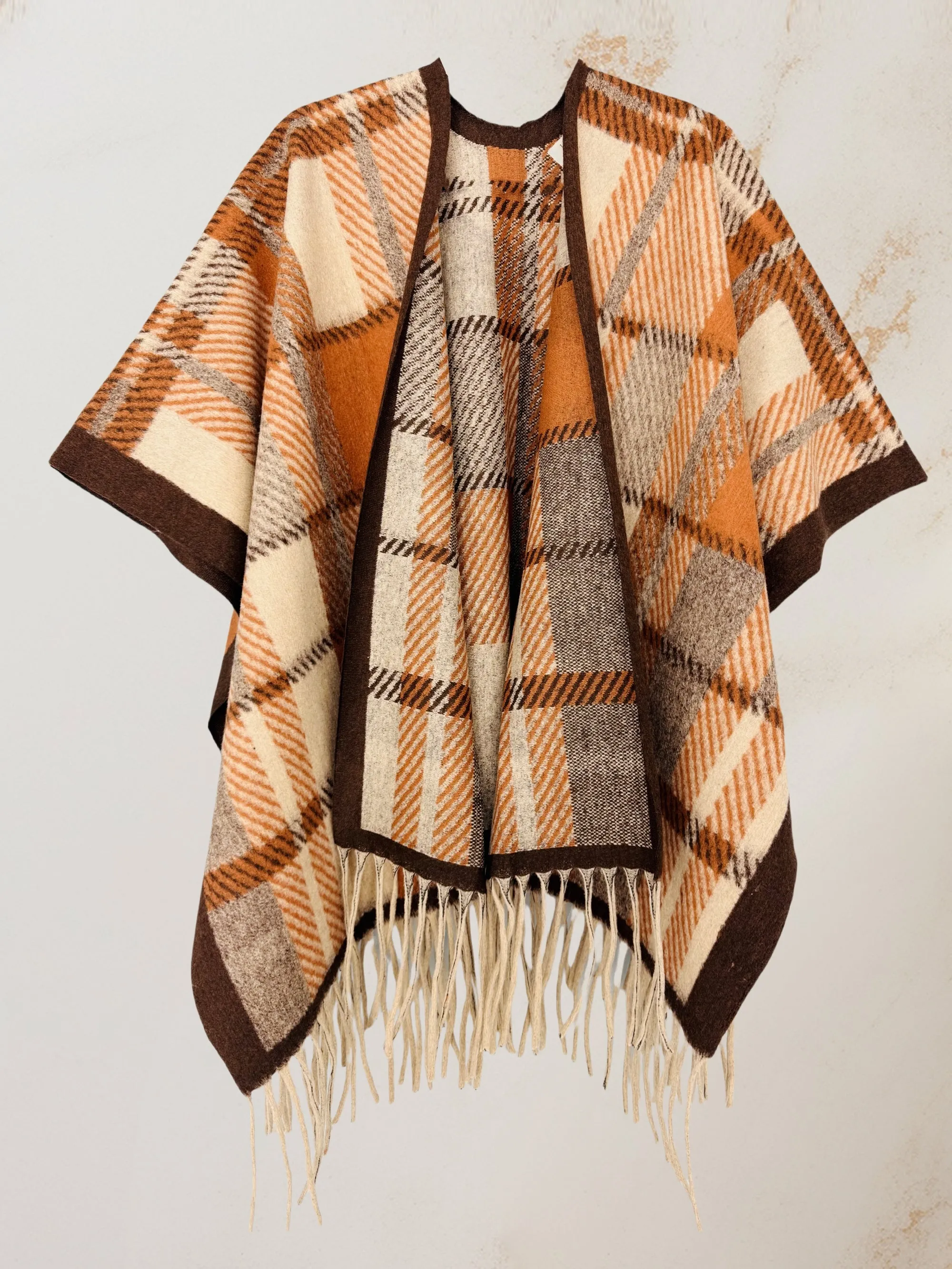 Camel-Brown Thick Blanket-Style Plaid Open-Front Poncho