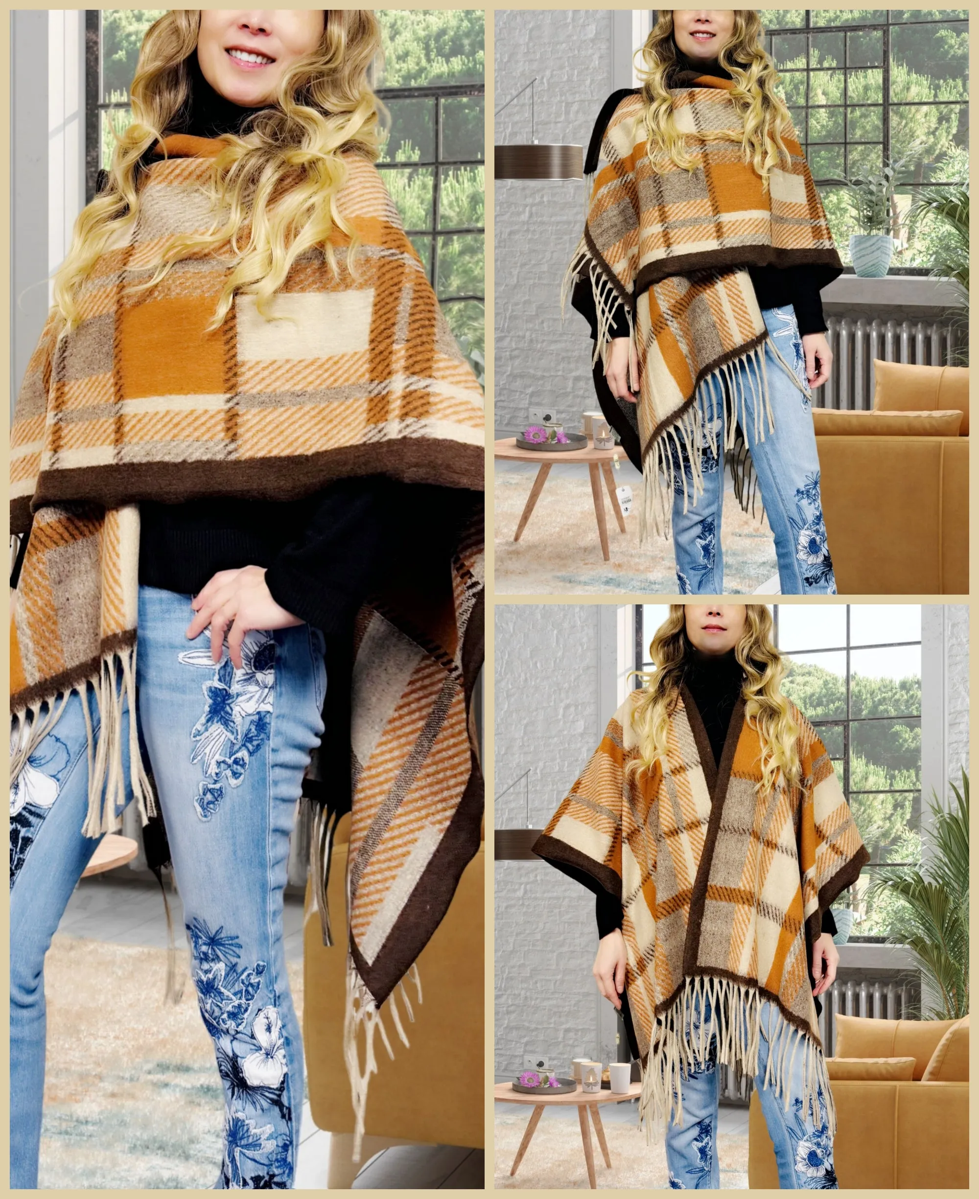 Camel-Brown Thick Blanket-Style Plaid Open-Front Poncho