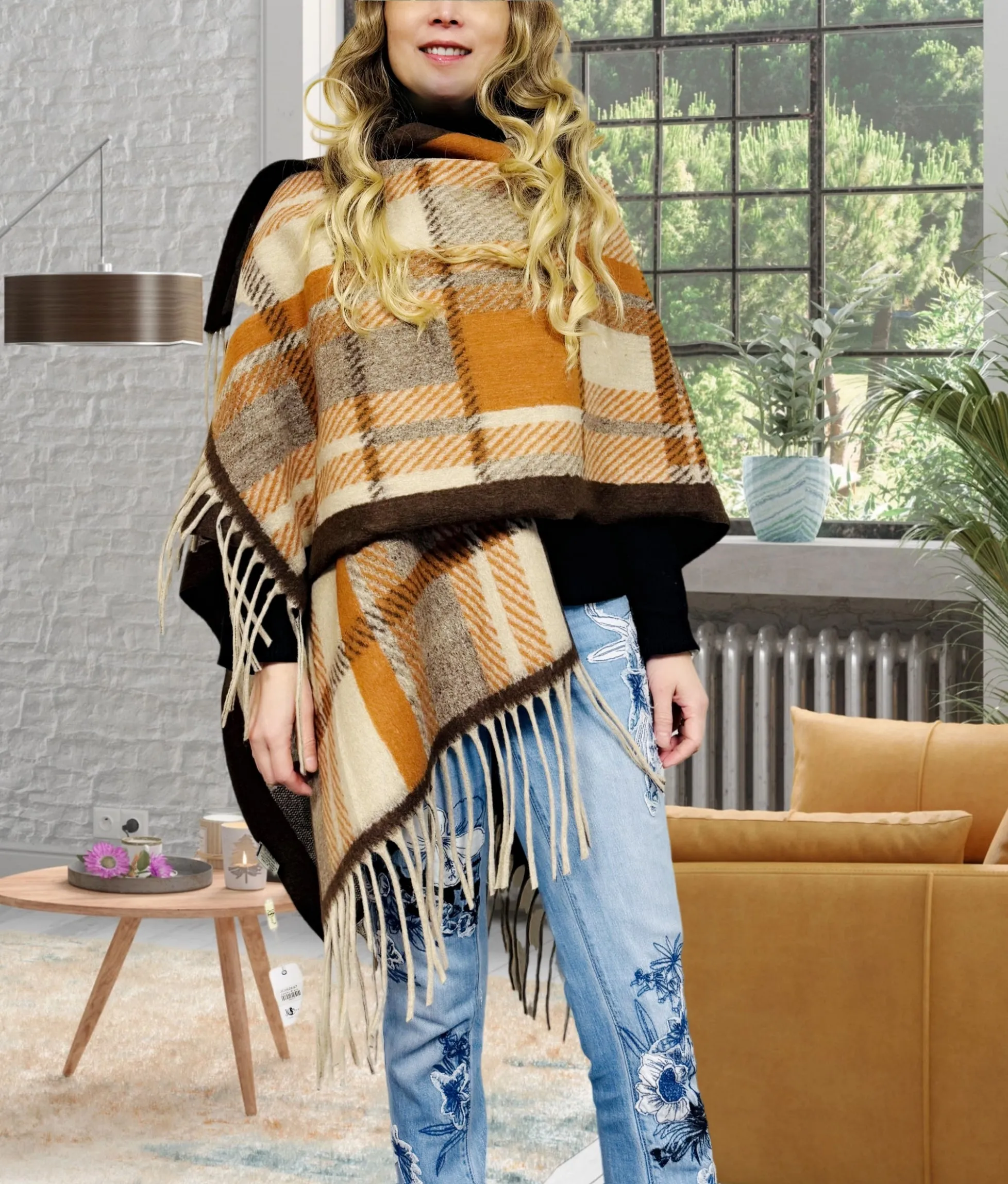 Camel-Brown Thick Blanket-Style Plaid Open-Front Poncho