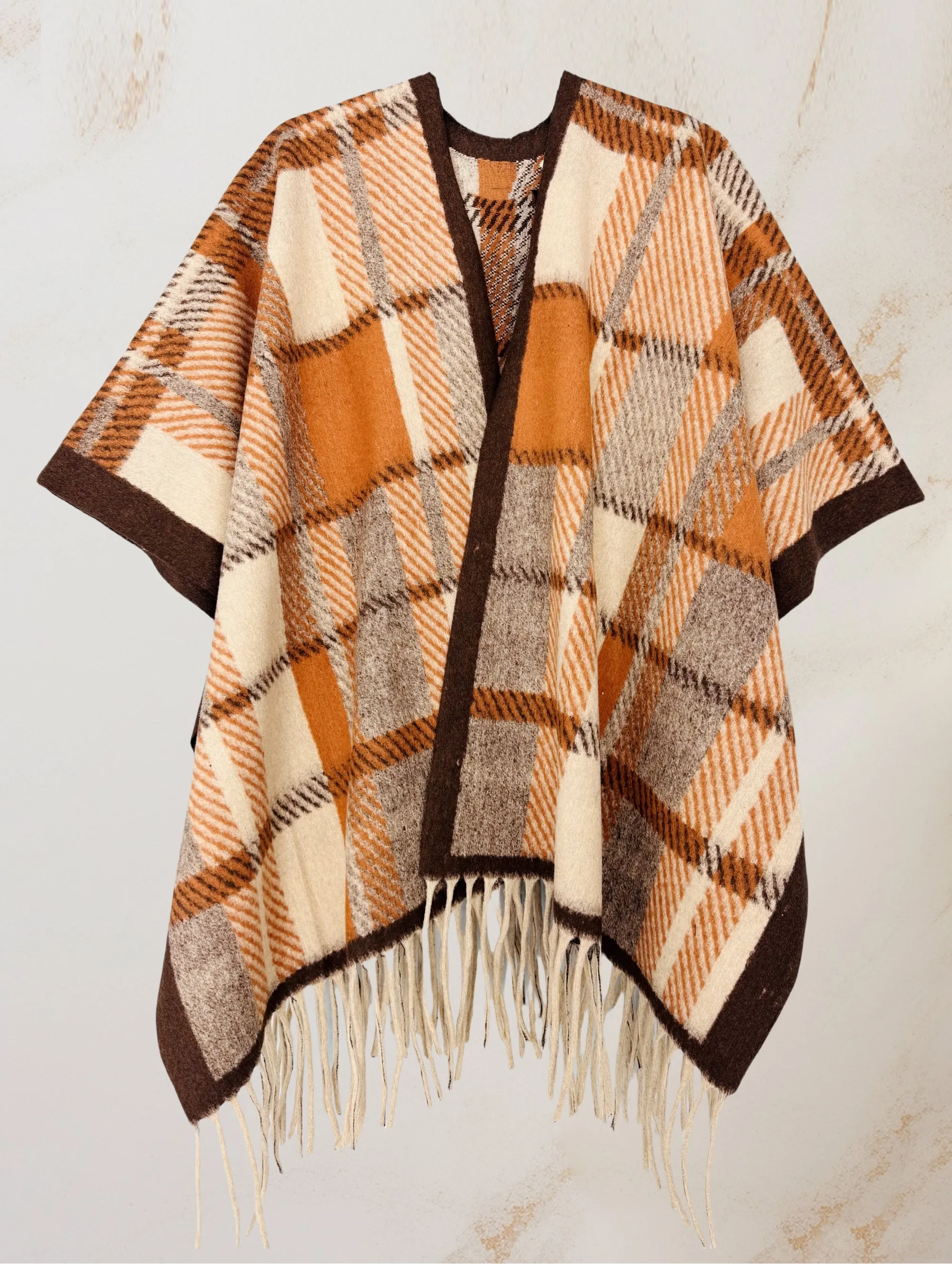 Camel-Brown Thick Blanket-Style Plaid Open-Front Poncho