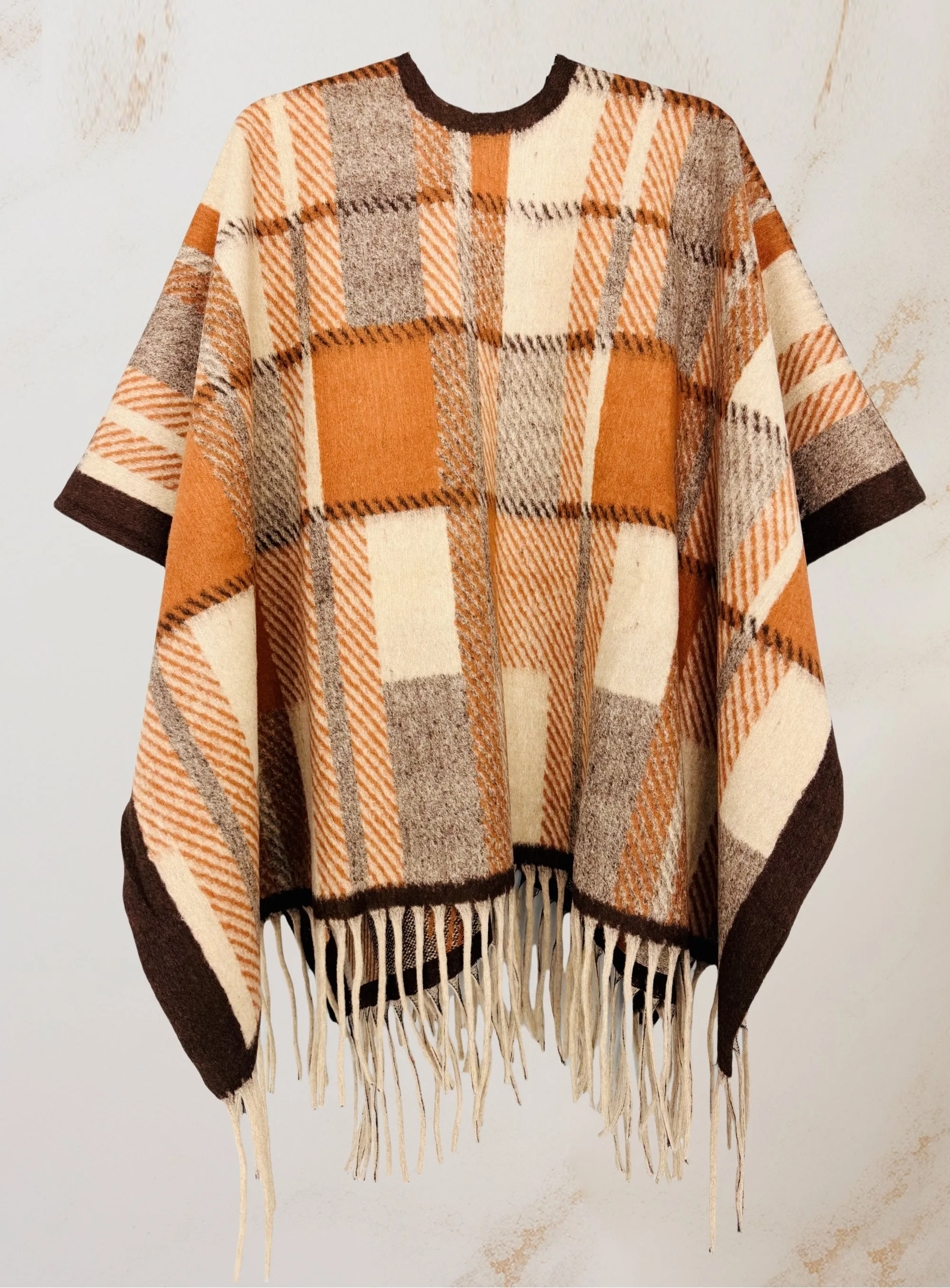 Camel-Brown Thick Blanket-Style Plaid Open-Front Poncho