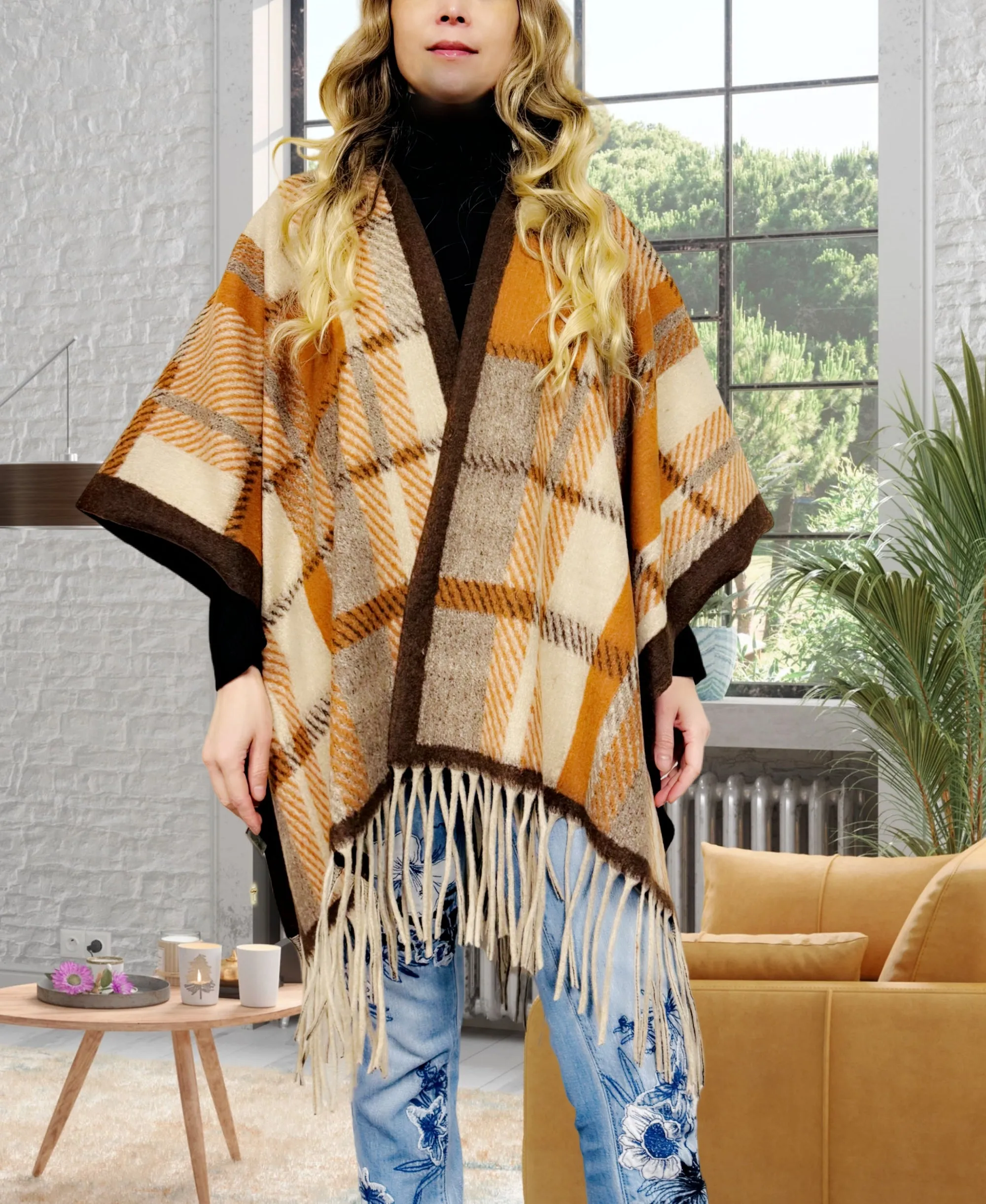 Camel-Brown Thick Blanket-Style Plaid Open-Front Poncho