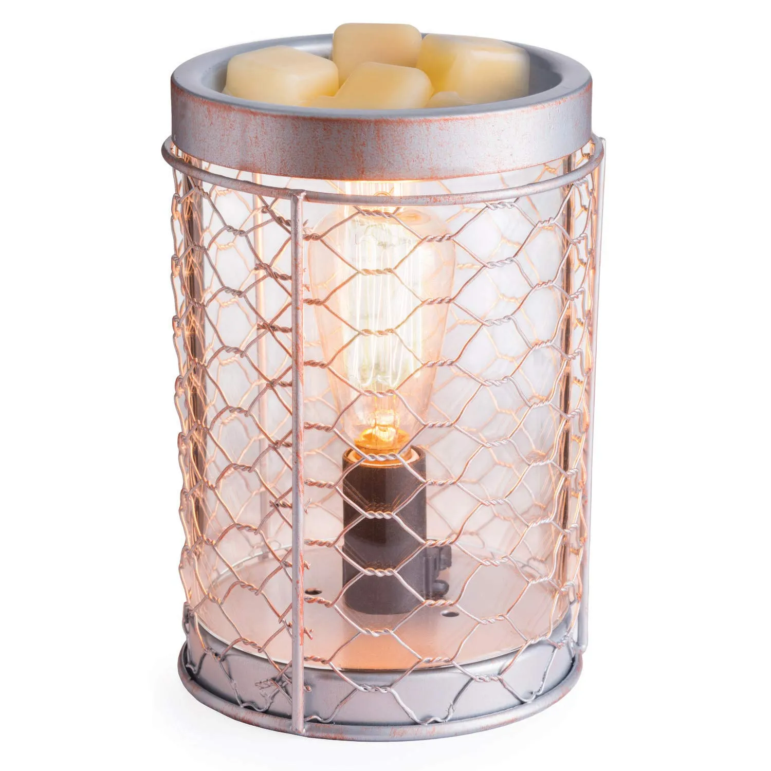 CANDLE WARMERS ETC. Vintage Bulb Illumination Fragrance Warmer- Light-Up Warmer for Warming Scented Candle Wax Melts and Tarts to Freshen Room, Chicken Wire Silver