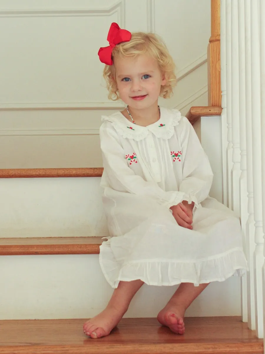 Candy Cane White Cotton Dress, Embroidered