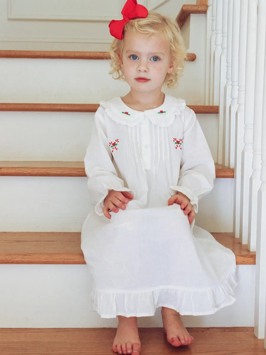 Candy Cane White Cotton Dress, Embroidered