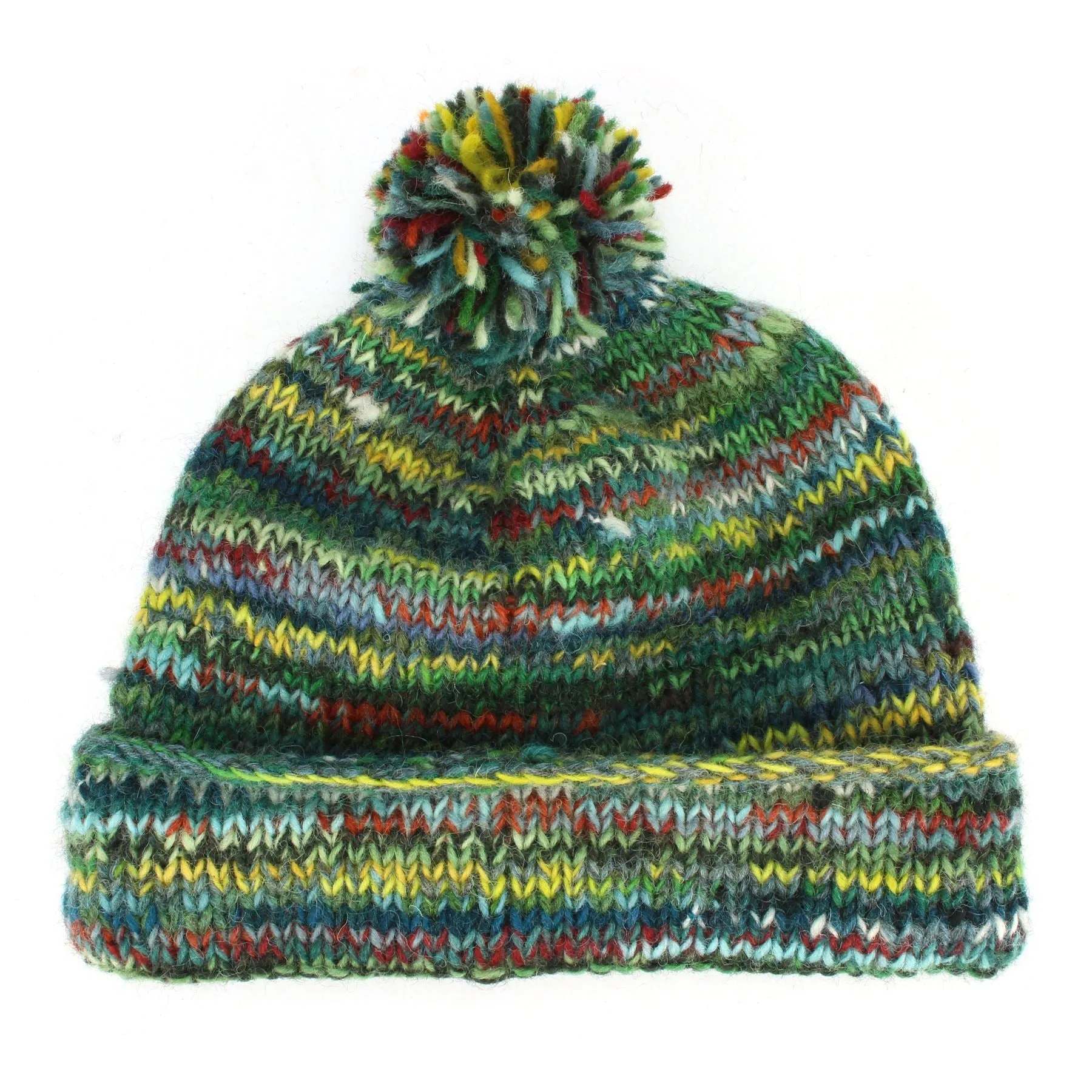 Chunky Wool Knit Beanie Bobble Hat - SD Green Mix