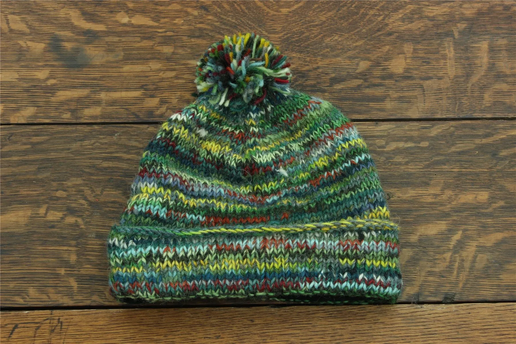 Chunky Wool Knit Beanie Bobble Hat - SD Green Mix