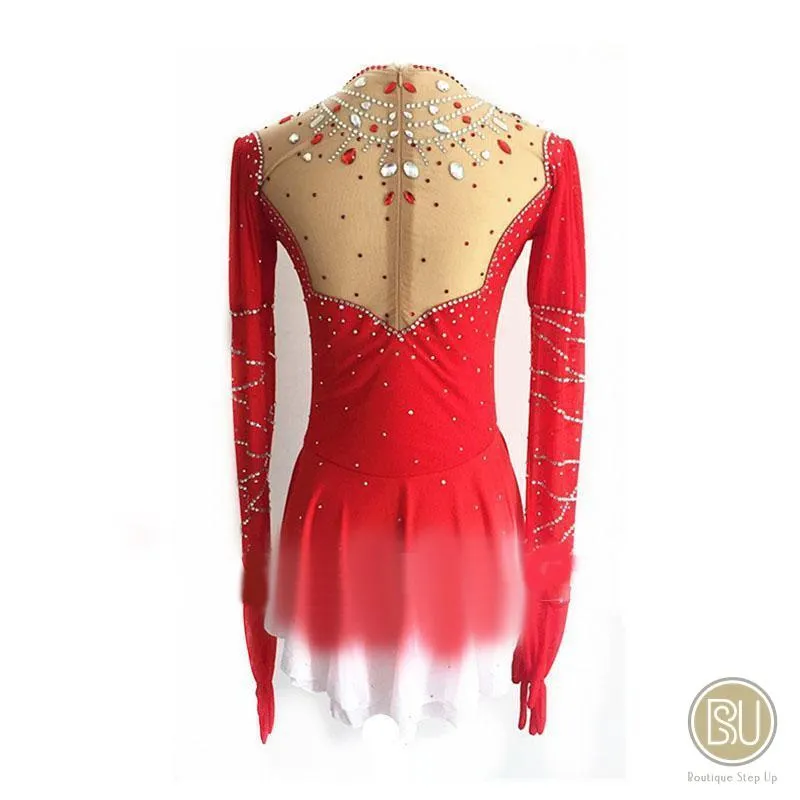 Competition Skating Dress Red & Gold Long Sleeves with GLoves