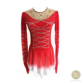 Competition Skating Dress Red & Gold Long Sleeves with GLoves