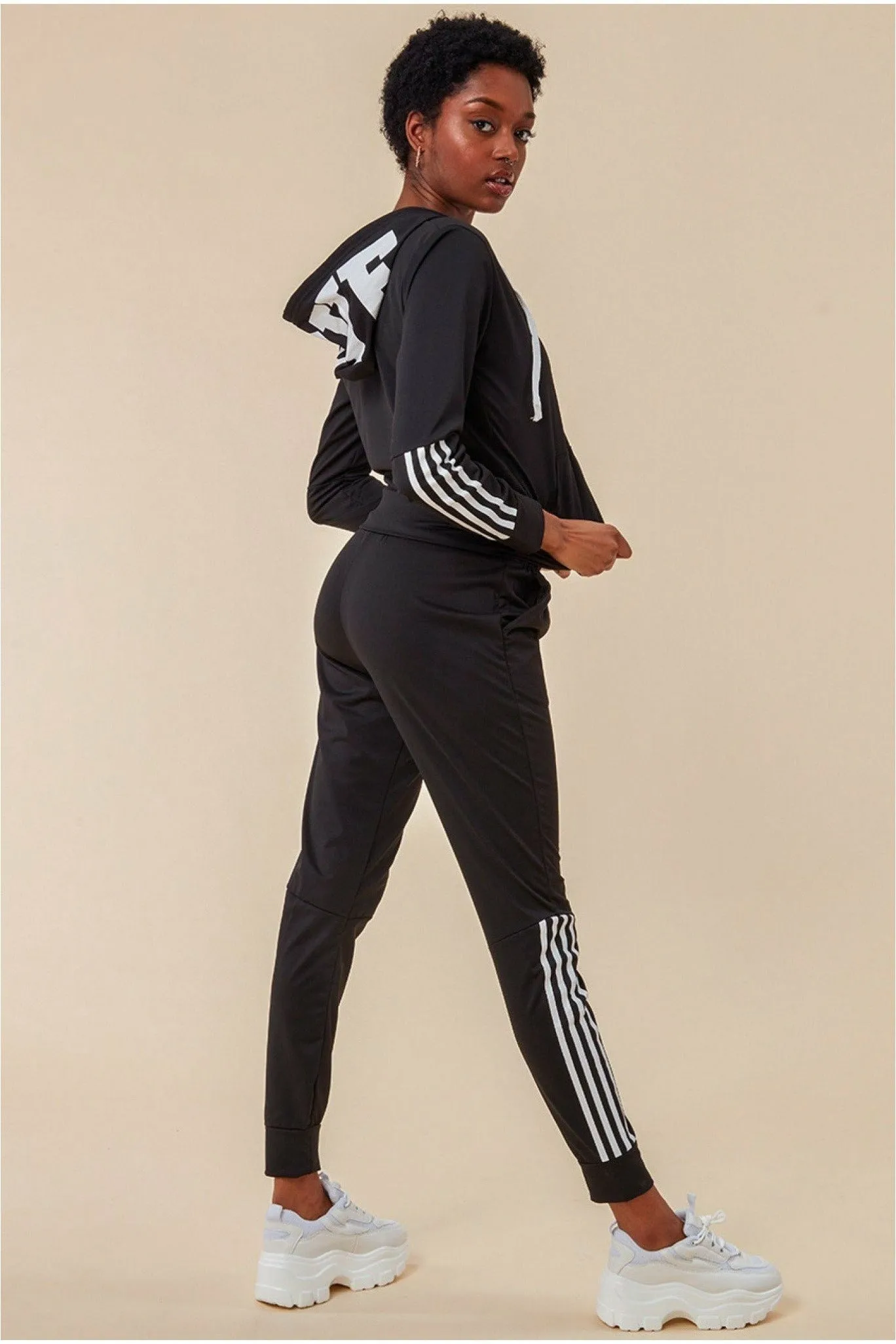 Cosmochic Stripe Detail Hooded Tracksuit Set - Black