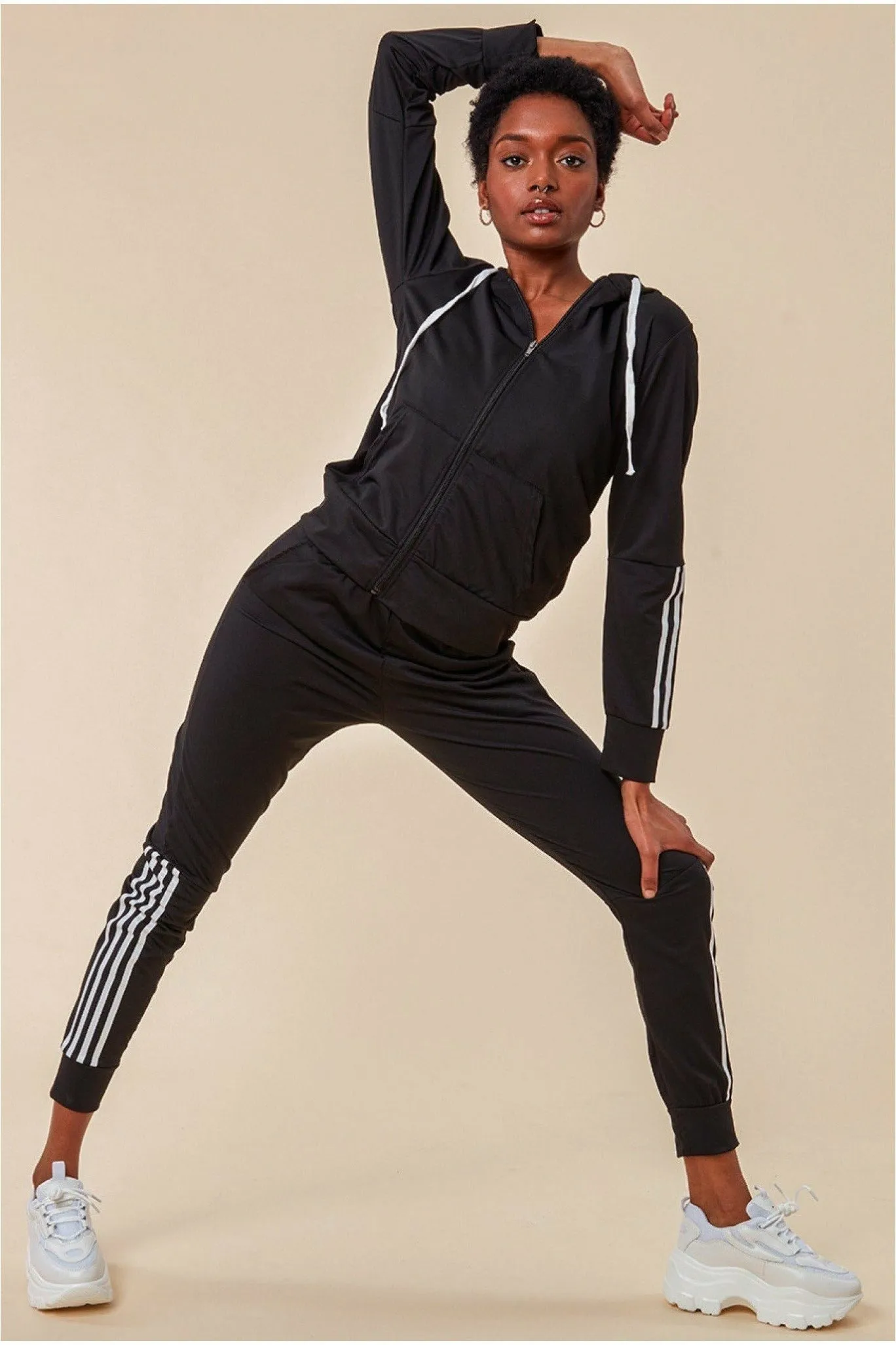 Cosmochic Stripe Detail Hooded Tracksuit Set - Black