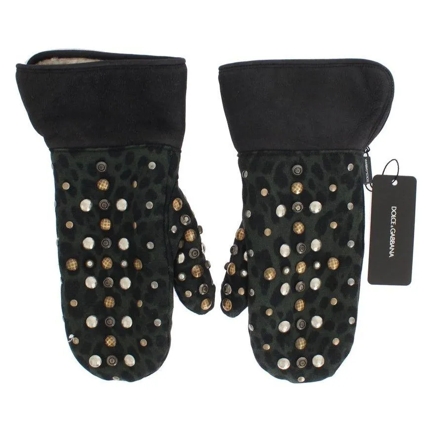 Dolce & Gabbana Elegant Studded Gray Wool Shearling Gloves