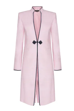 Dress Coat in Pale Pink Raw Silk Tussar with Navy - Vicky