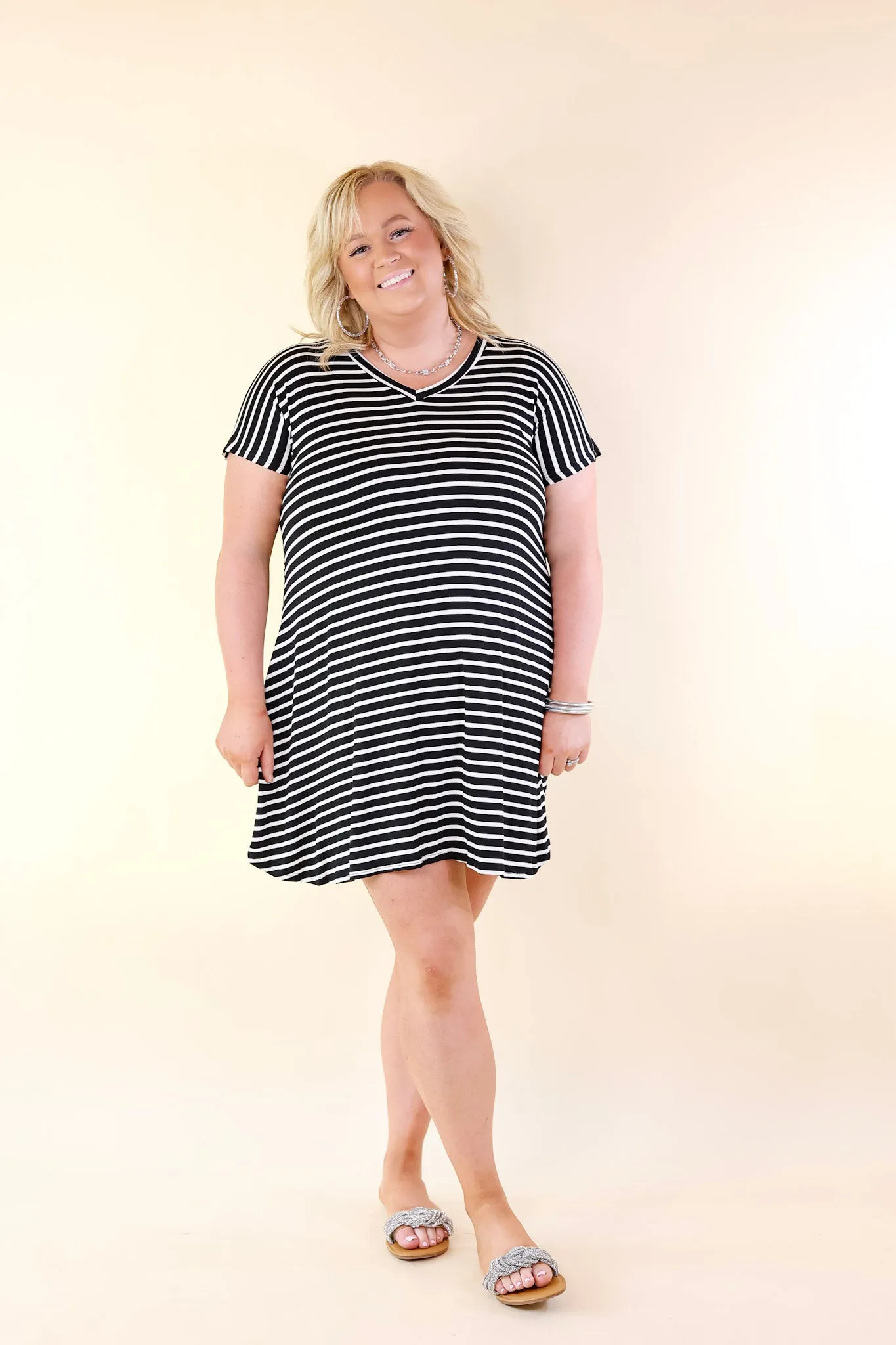 Effortless Moments Striped Short Sleeve Tee Shirt Dress in Black