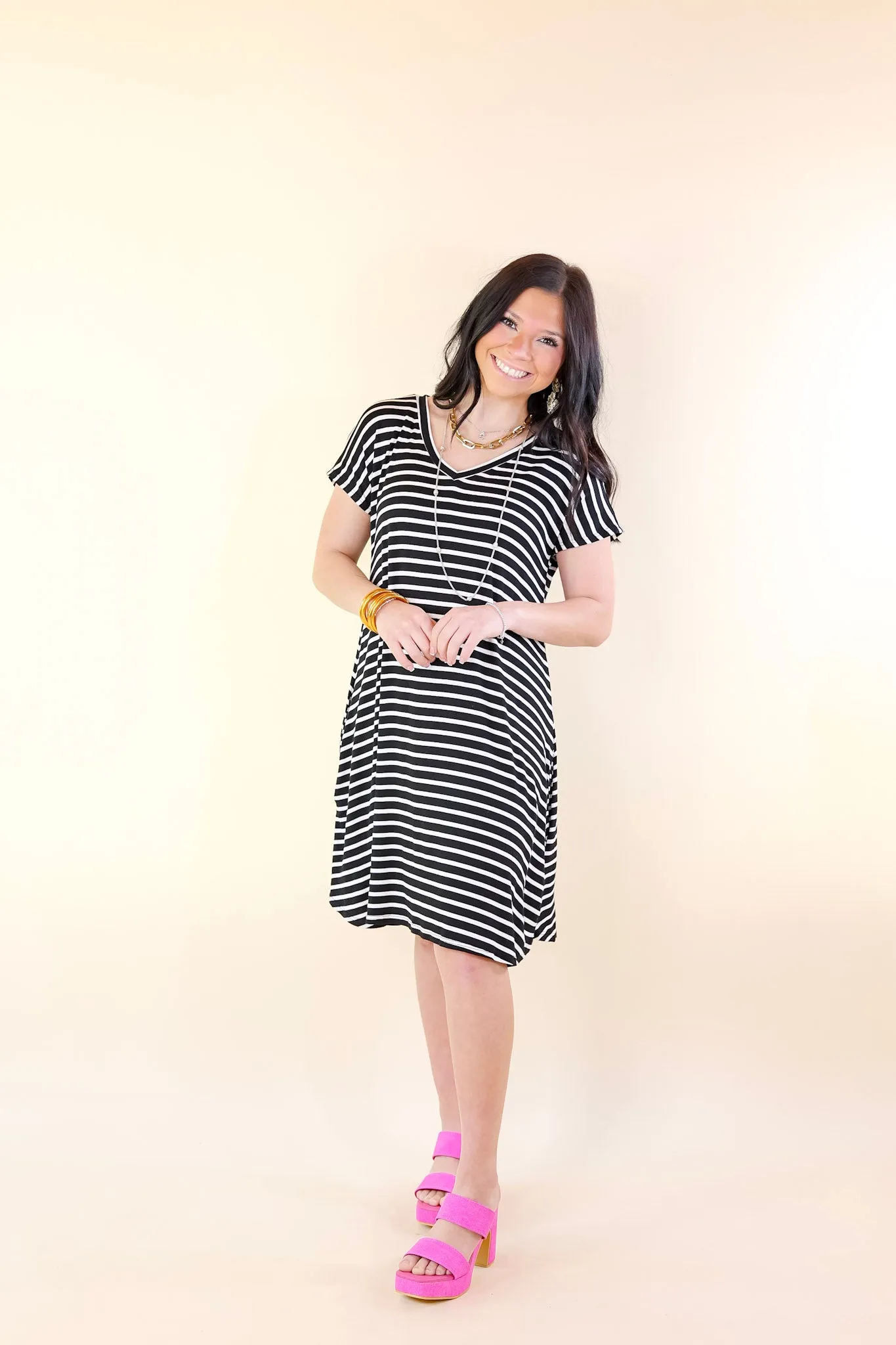 Effortless Moments Striped Short Sleeve Tee Shirt Dress in Black