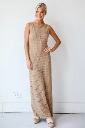 FINAL SALE - Infinite Sunshine Taupe Crochet Knit Maxi Dress