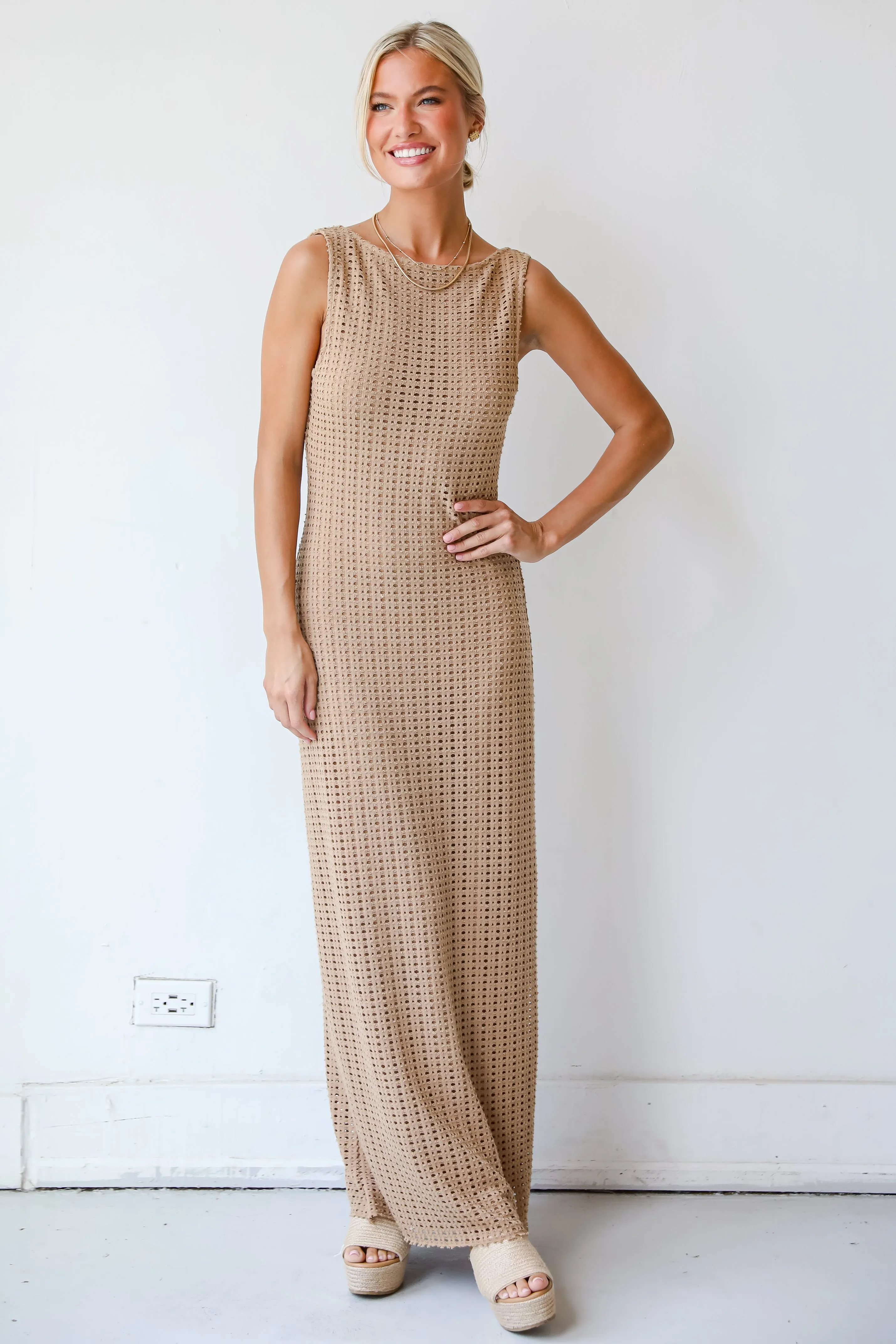 FINAL SALE - Infinite Sunshine Taupe Crochet Knit Maxi Dress