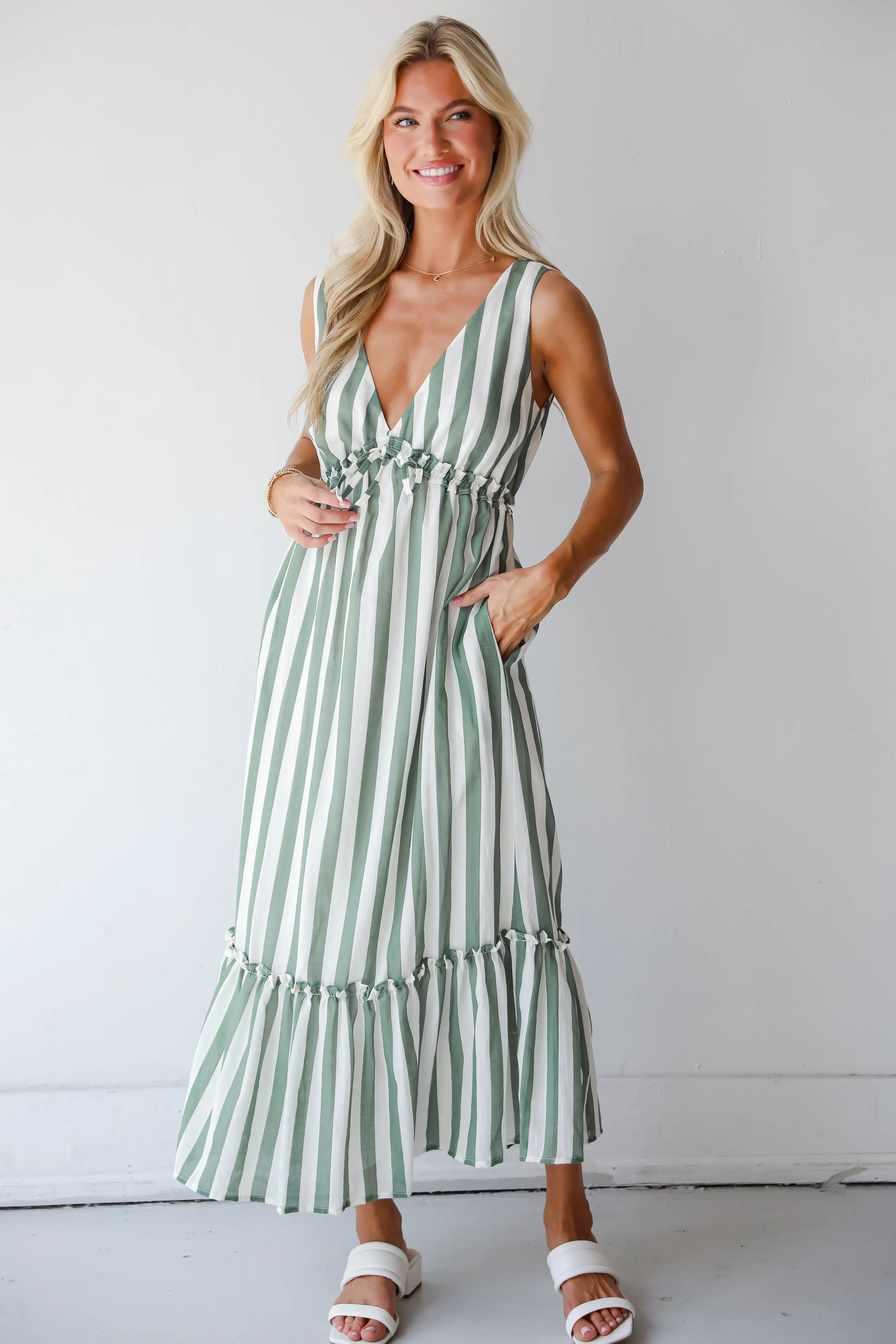 FINAL SALE - Sophisticated Composure Green Striped Maxi Dress