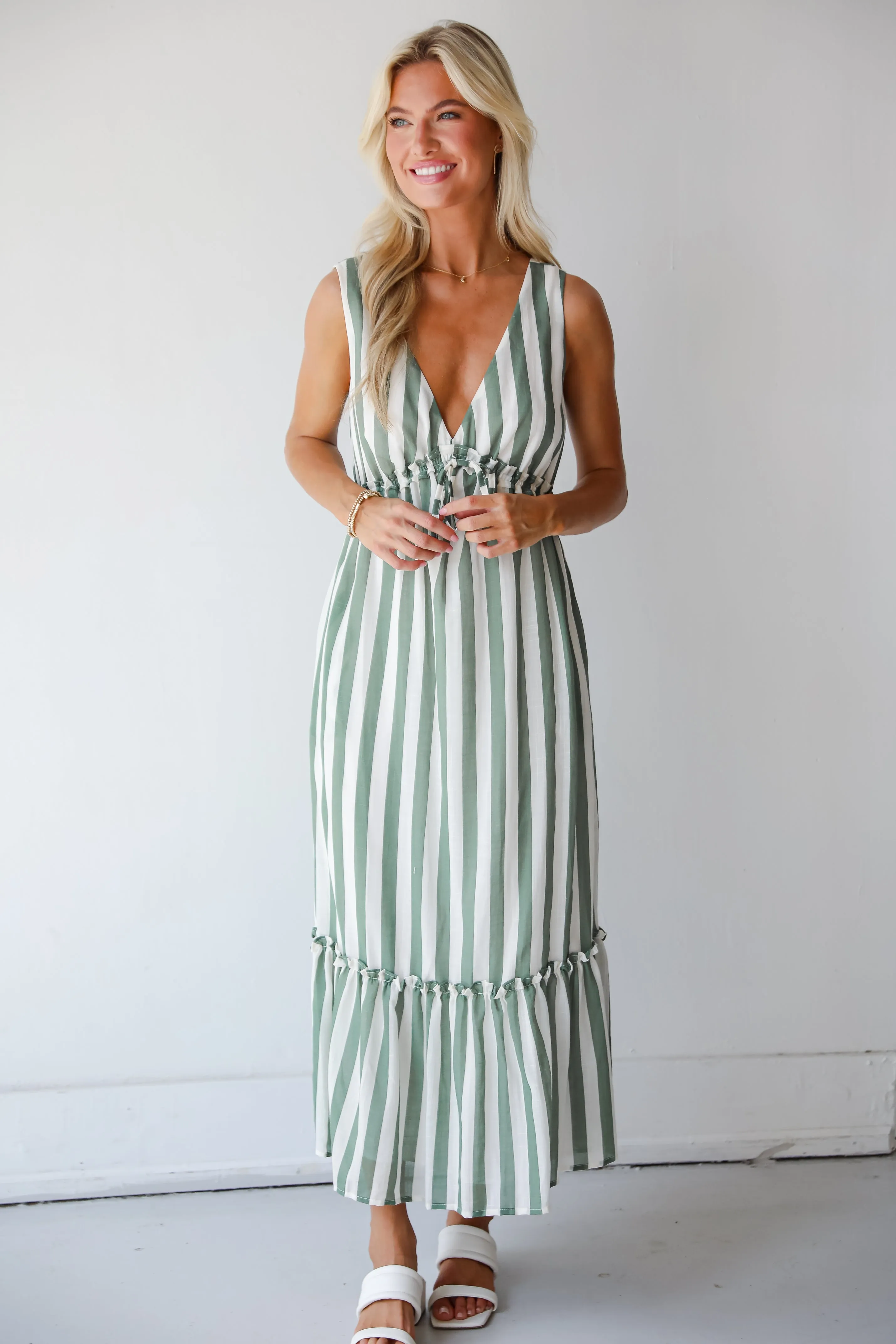 FINAL SALE - Sophisticated Composure Green Striped Maxi Dress