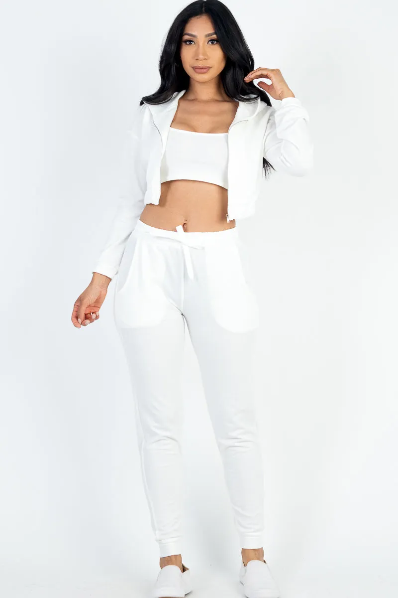 French Terry Cropped Cami with Zip-up Jacket and Joggers Set (CAPELLA)