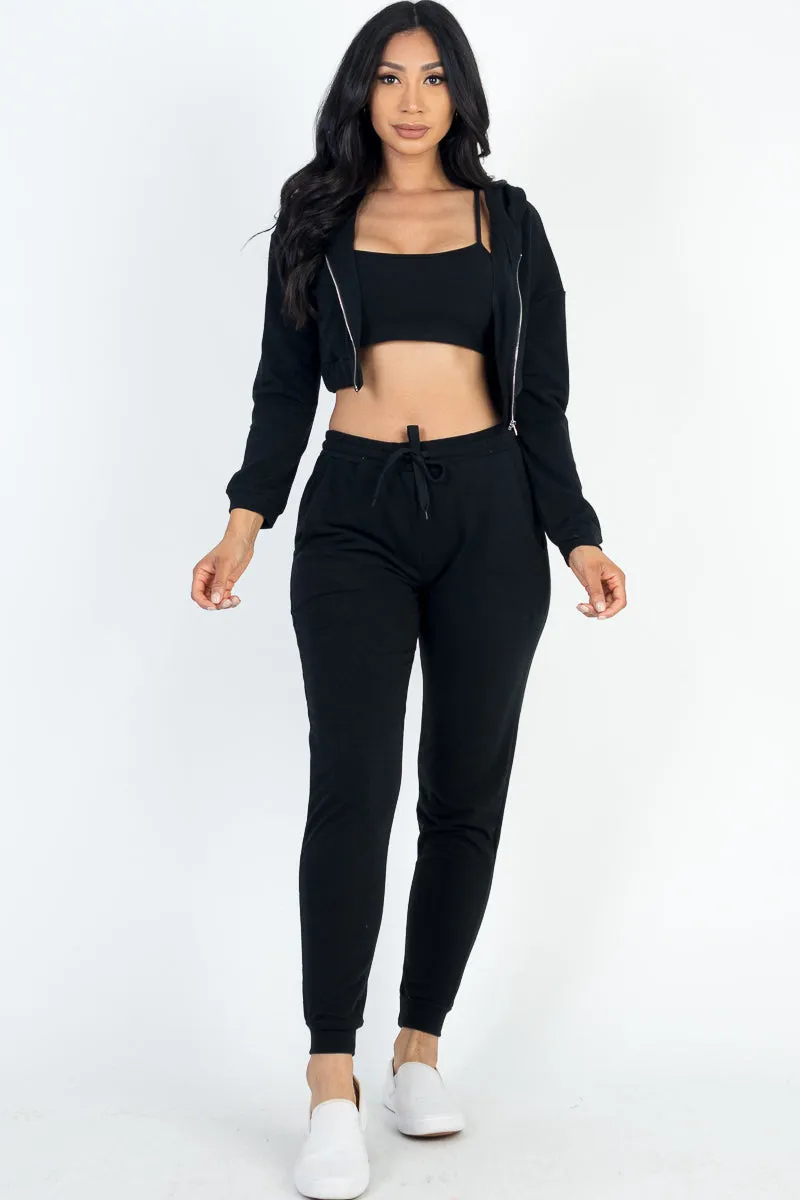 French Terry Cropped Cami with Zip-up Jacket and Joggers Set (CAPELLA)