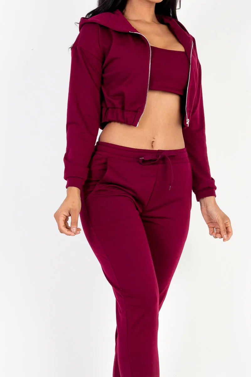 French Terry Cropped Cami with Zip-up Jacket and Joggers Set (CAPELLA)