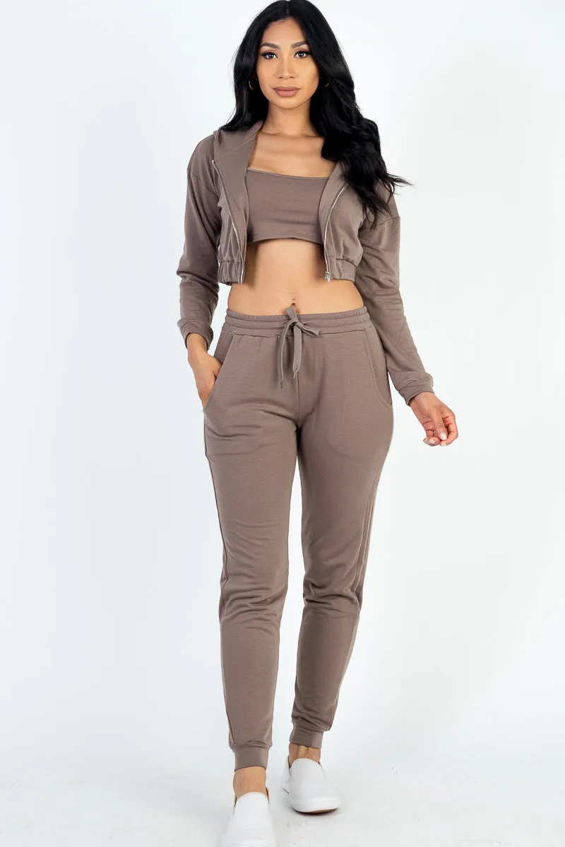 French Terry Cropped Cami with Zip-up Jacket and Joggers Set (CAPELLA)