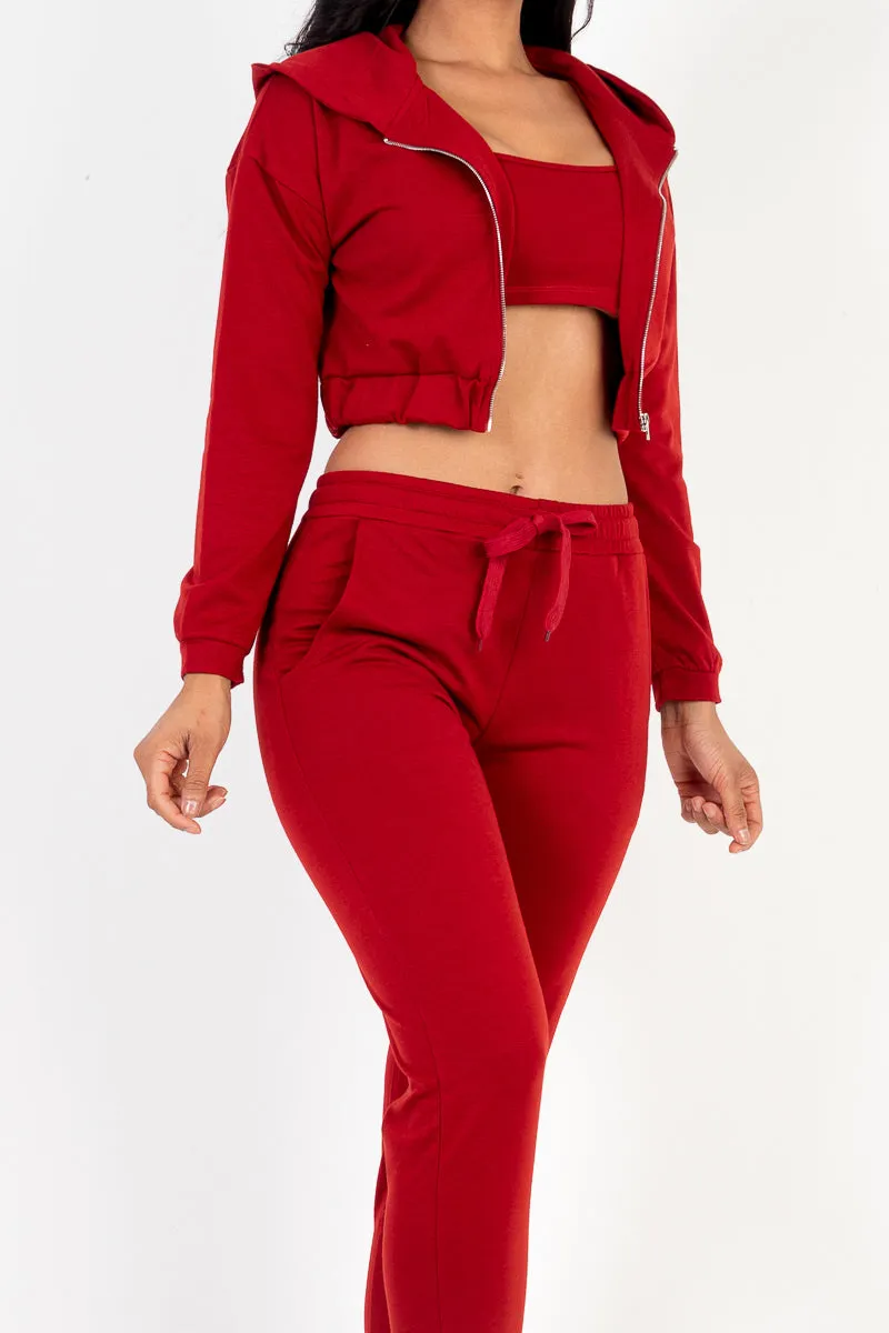 French Terry Cropped Cami with Zip-up Jacket and Joggers Set