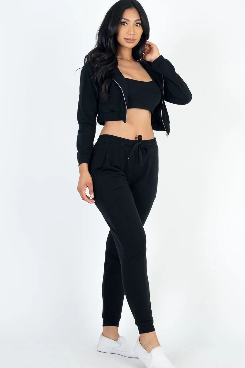 French Terry Cropped Cami with Zip-up Jacket and Joggers Set