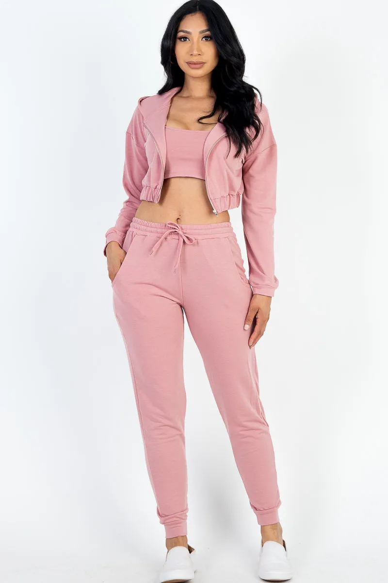 French Terry Cropped Cami with Zip-up Jacket and Joggers Set