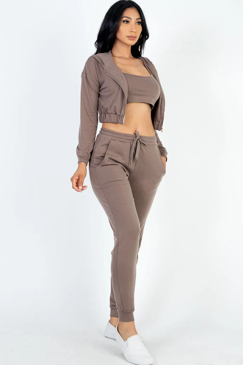 French Terry Cropped Cami with Zip-up Jacket and Joggers Set