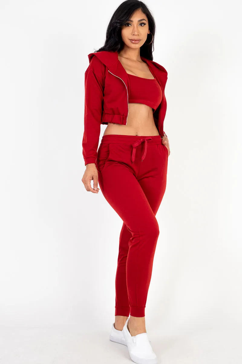 French Terry Cropped Cami with Zip-up Jacket and Joggers Set