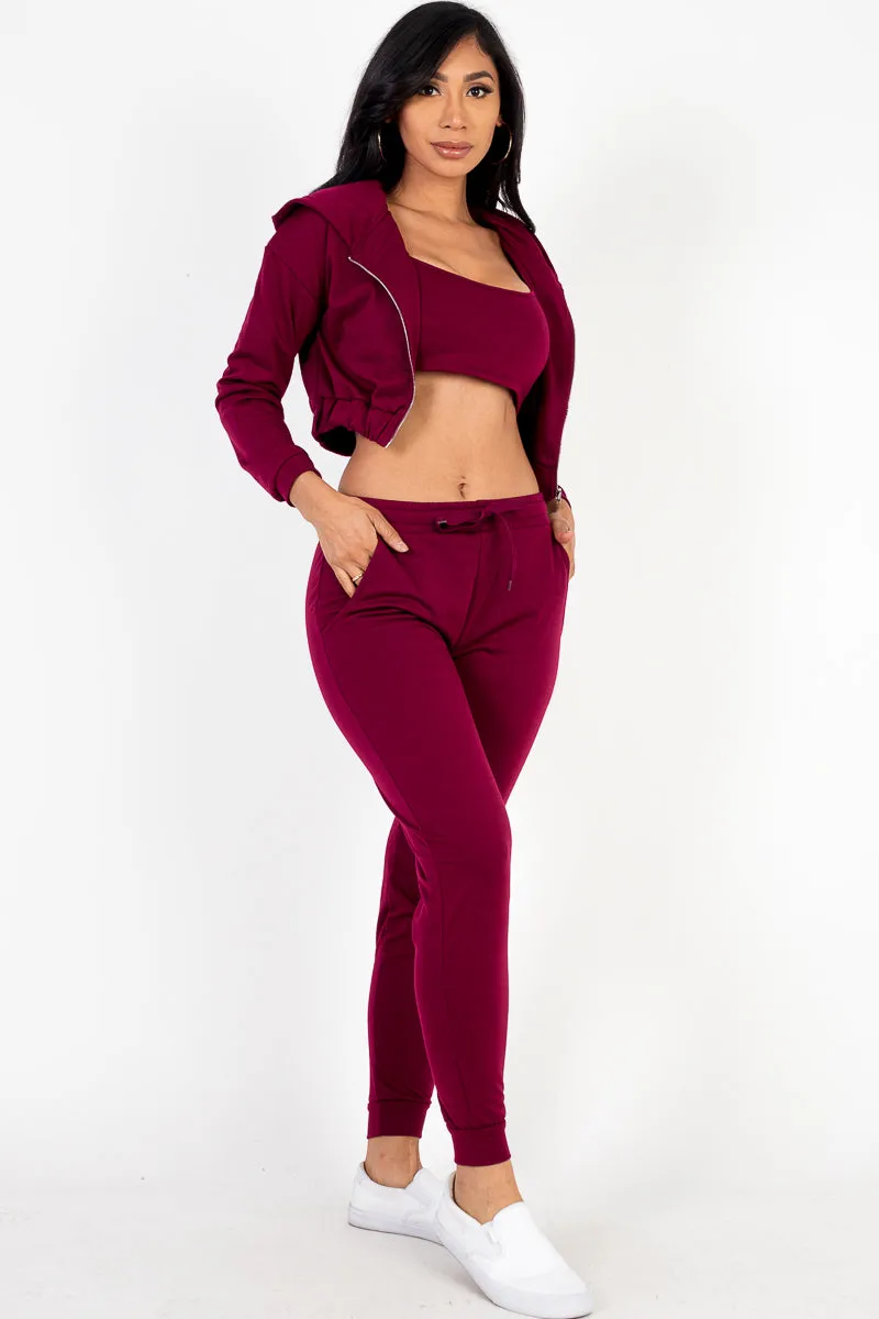 French Terry Cropped Cami with Zip-up Jacket and Joggers Set