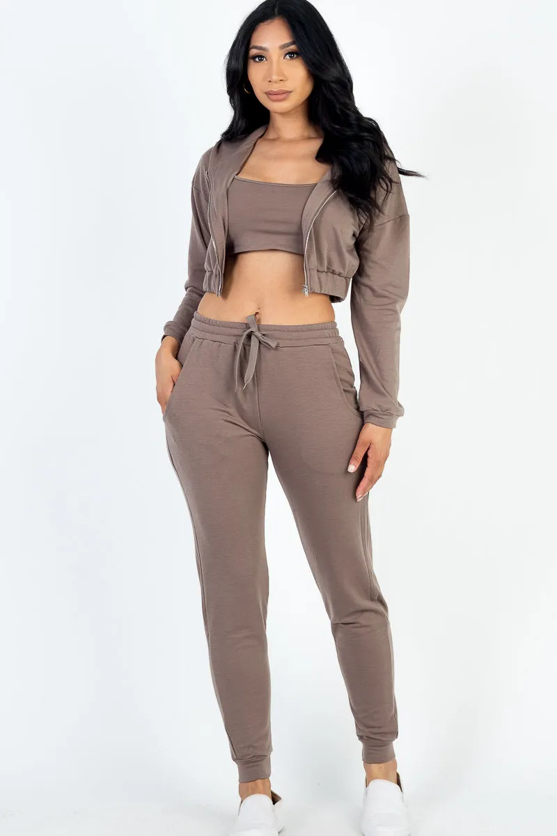 French Terry Cropped Cami with Zip-up Jacket and Joggers Set