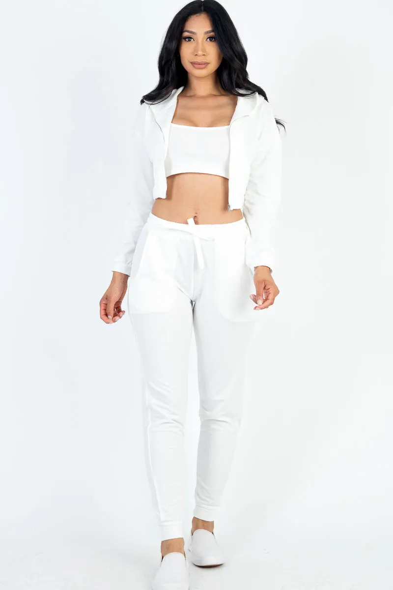 French Terry Cropped Cami with Zip-up Jacket and Joggers Set