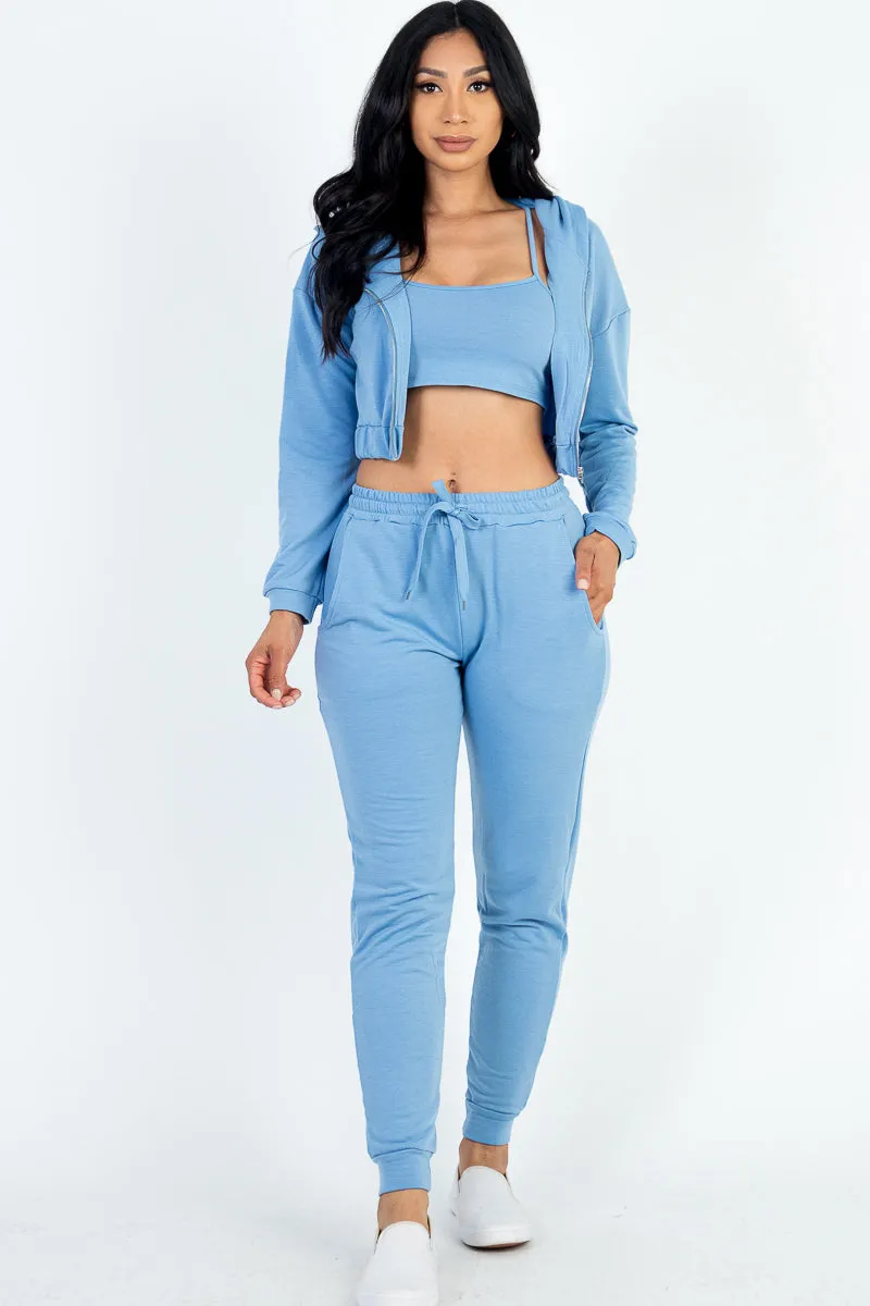 French Terry Cropped Cami with Zip-up Jacket and Joggers Set