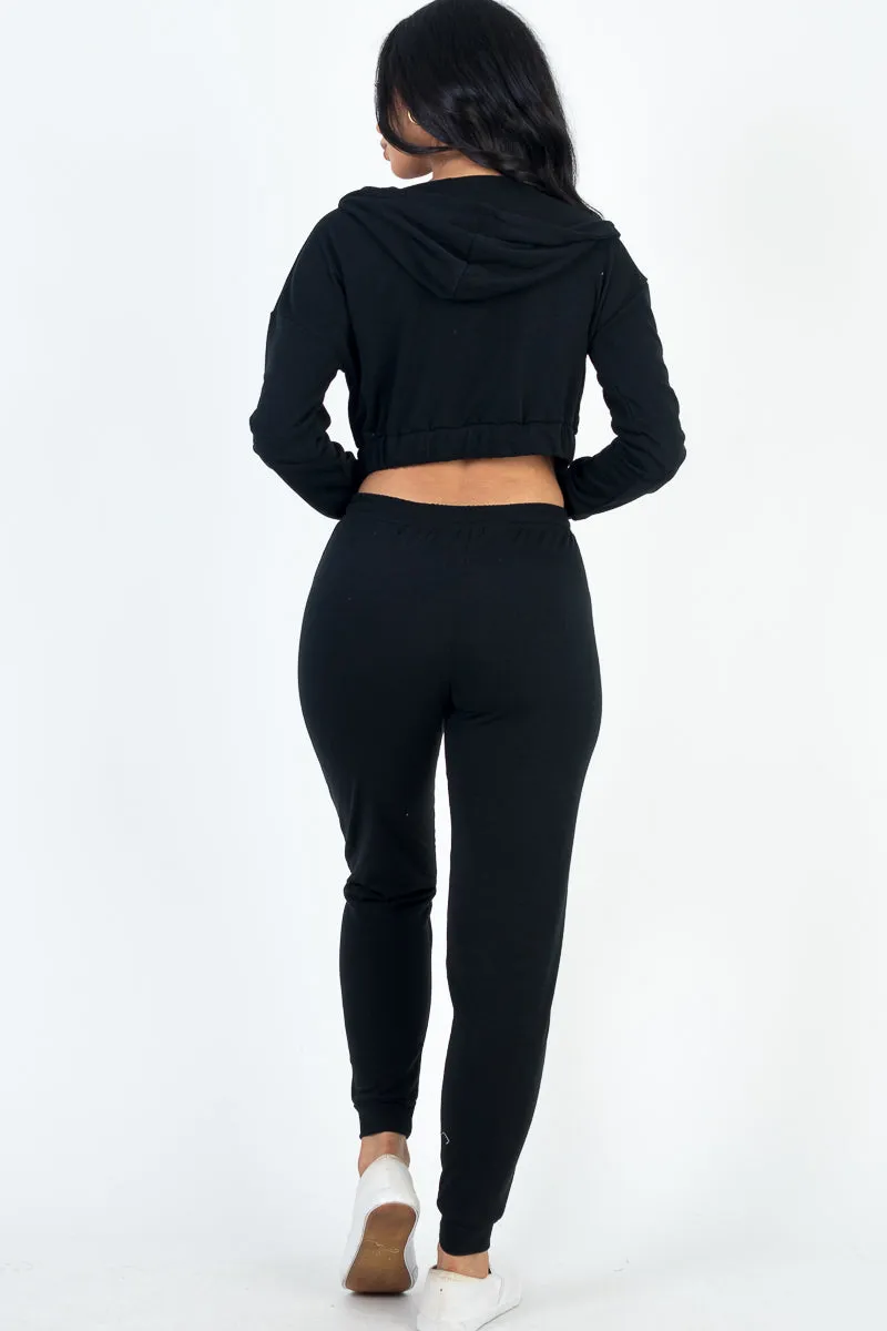 French Terry Cropped Cami with Zip-up Jacket and Joggers Set