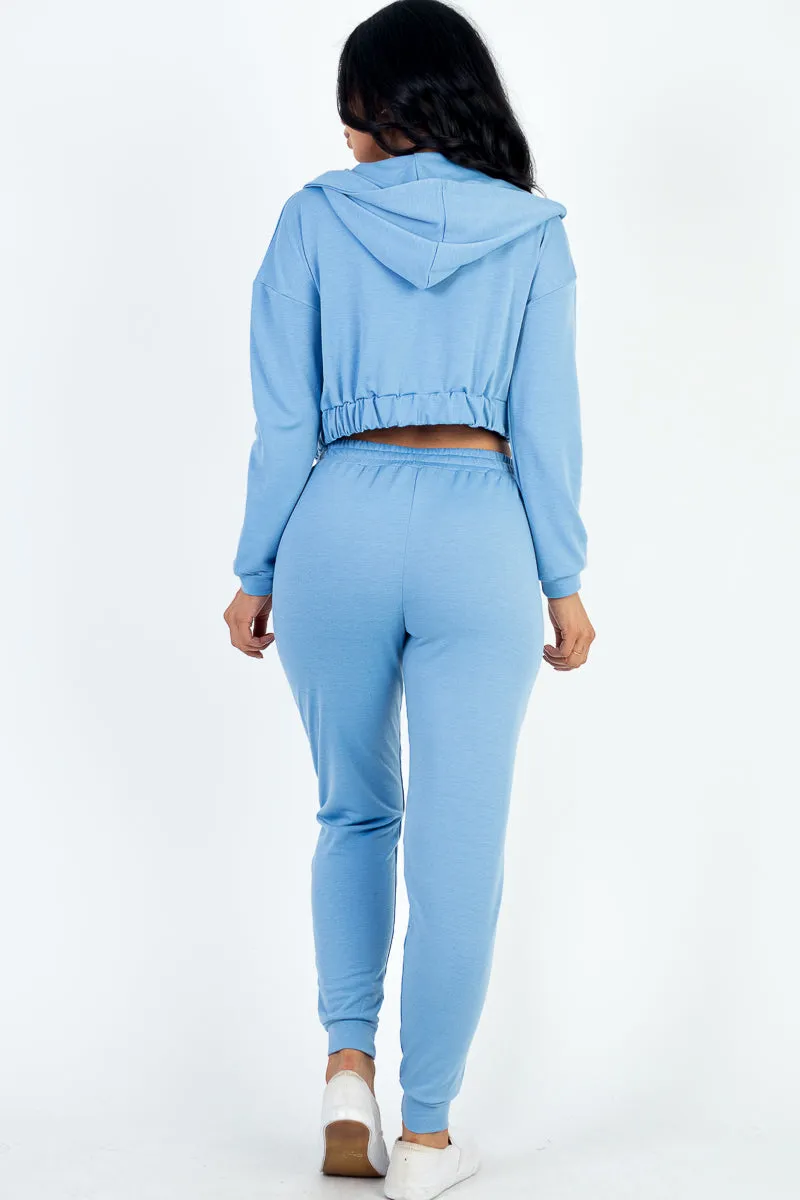 French Terry Cropped Cami with Zip-up Jacket and Joggers Set